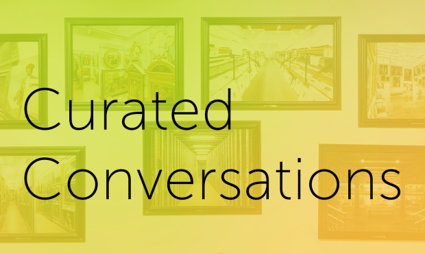 the text Curated Conversations in black over an image of a gallery wall hung with many framed works of art. There is a multicolored overlay on the photo with a green to yellow gradient.