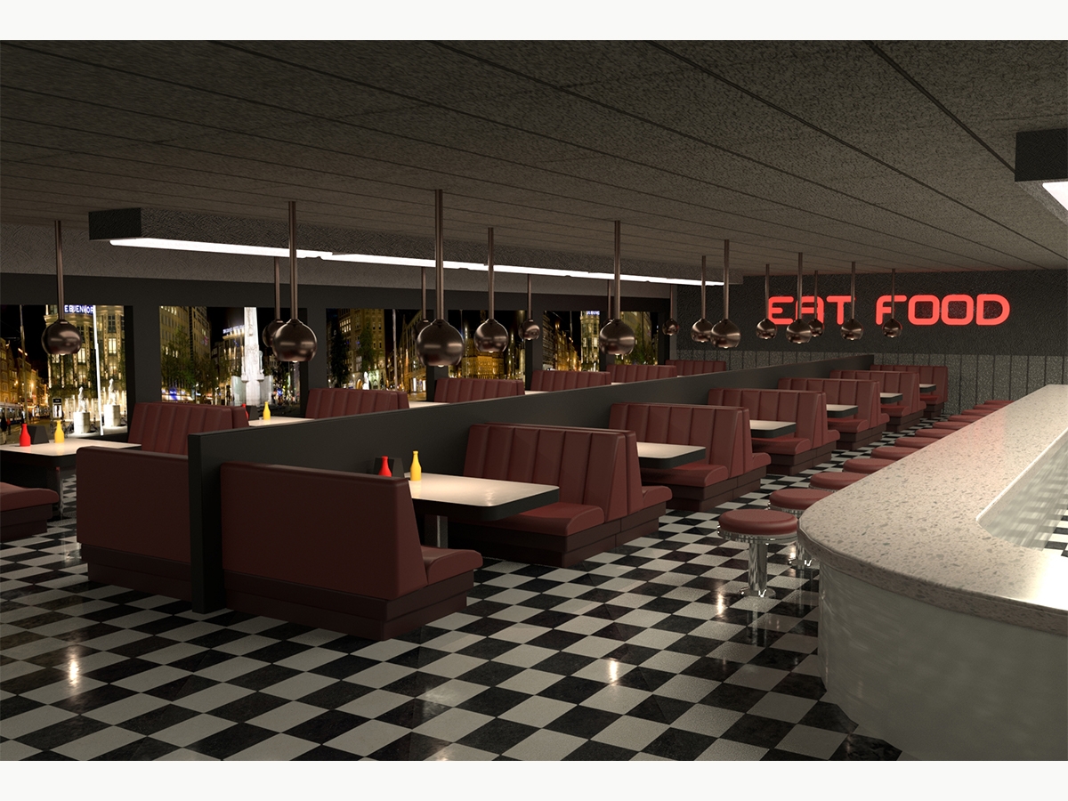 Game art of a diner with empty booths, a bar and a sign that reads "Eat Food" by Jason Clibanoff, BFA '20