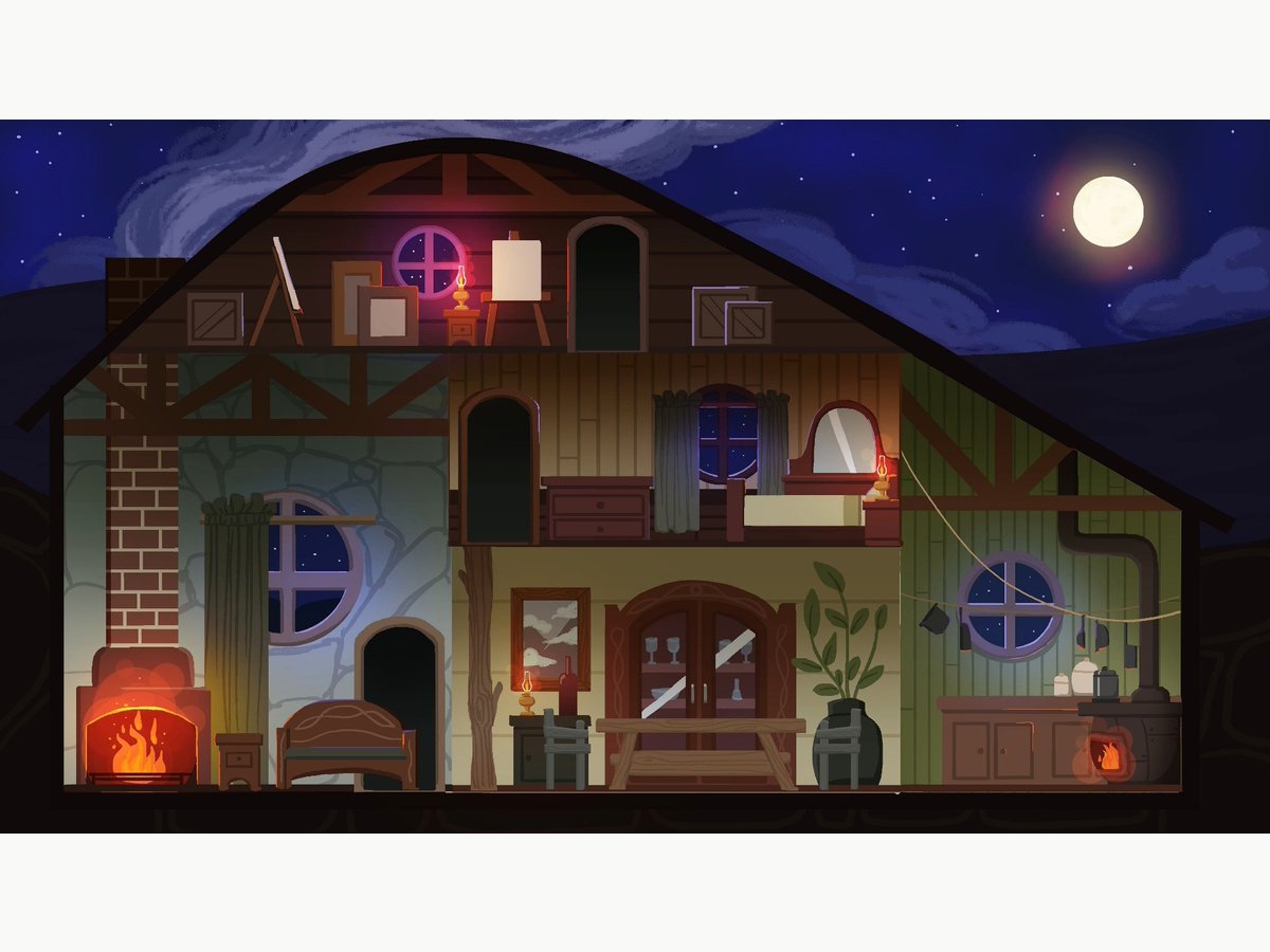 Game art of the inside of a house, including an attic with an art easel, bedroom with a dresser and mirror, living room with a fireplace, sining room with a wooden table and a hutch, and a kitchen with an iron stove. The moon can be seen behind the house. Art by Danielle Vuono BFA '19.