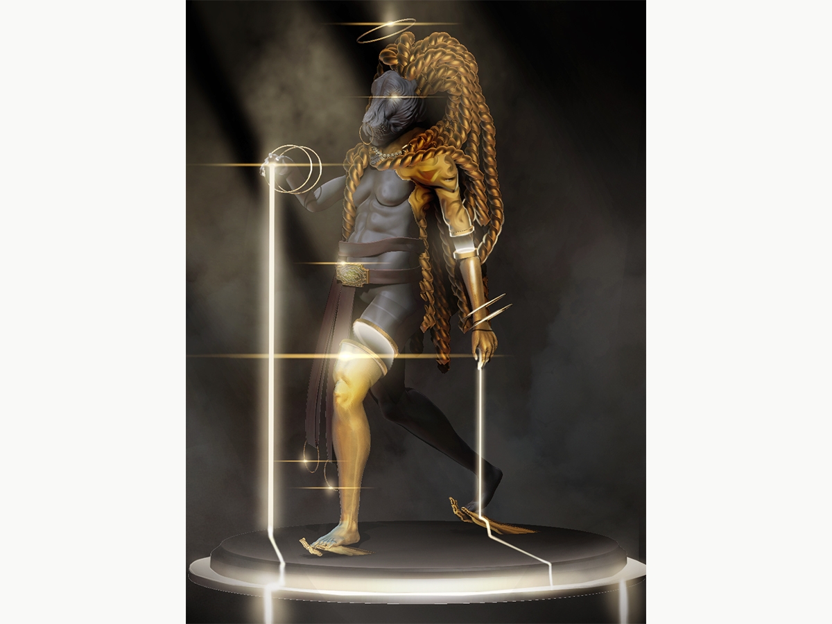 Game art of a cat-like character with gold rope for hair, a gold shoulder pad, a gold leg and arm by Lamont Robinson '21