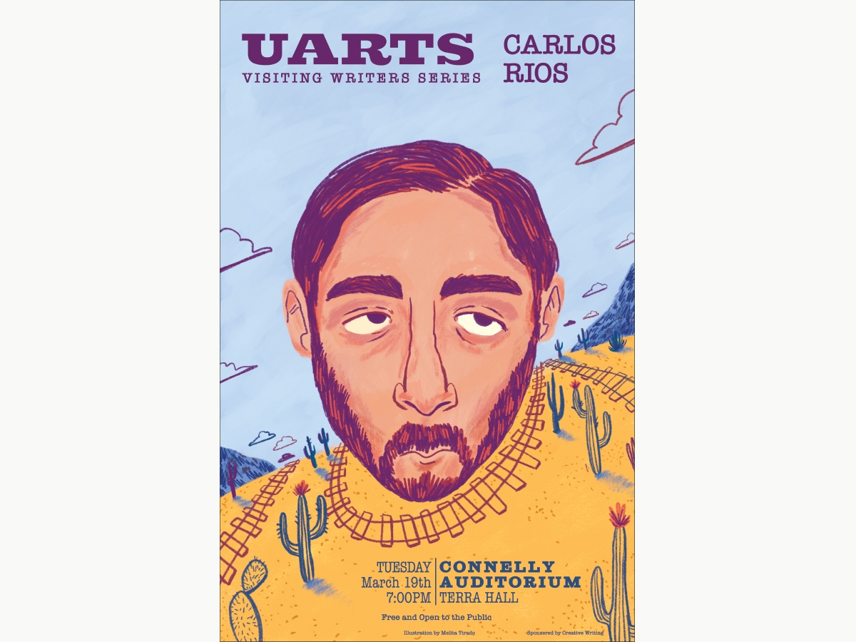 An illustration of Carlos Rios for the Visiting Writers Series made by Melita Tirado BFA '19