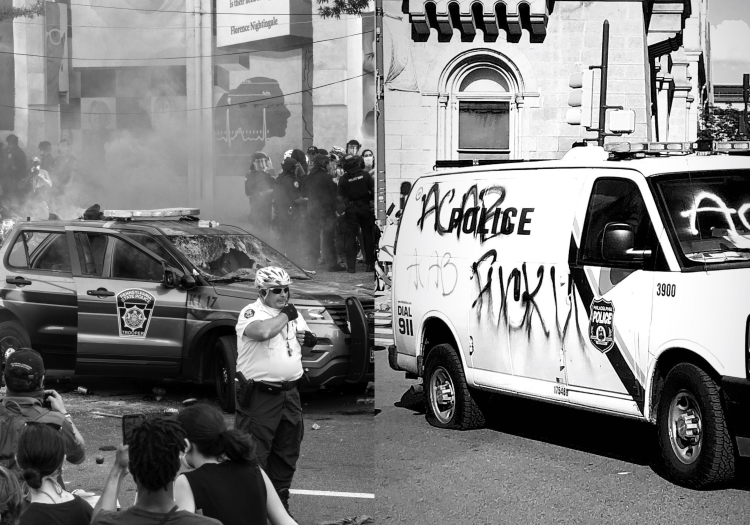 An image of vandalized police cars and protestors 