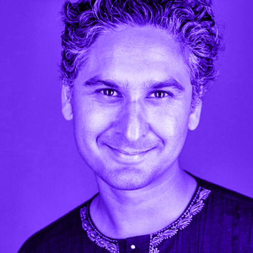 headshot of rahul mehta with a violet hue. 