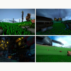 A set of screenshots from game art by Luke Helgesen BFA ’20. Top left is a field with tall, wooden structured. Top right is a field with eroded, empty buses and a lit up house in the distance. Bottem left is a dark street in a fictional town. Bottom right is a field with a grounded plane and a house in the foreground. 