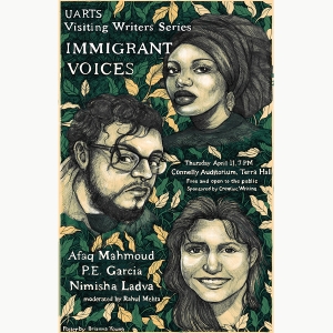 An illustration of Afaq Mahmoud, P.E. Garcia, and Nimisha Ladva for the Visiting Writers Series made by Brianna Young BFA '19