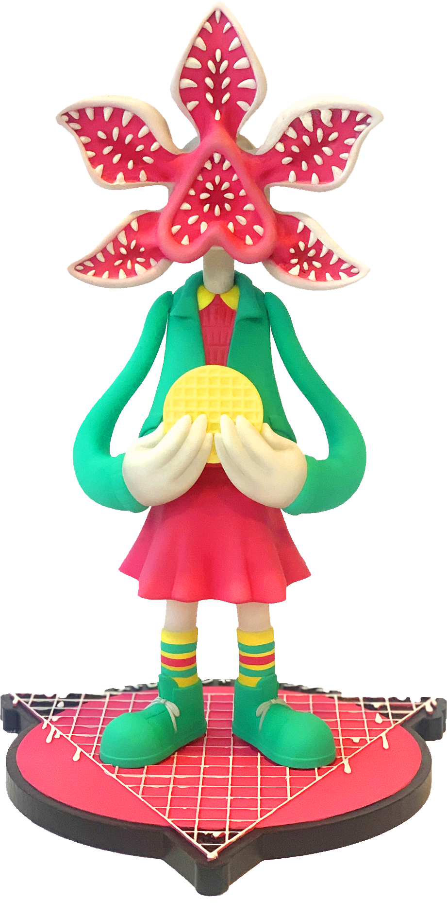A pink and sea green and yellow and white figure with a Venus flytrap like head that depicts Elegorgon from Stranger Things