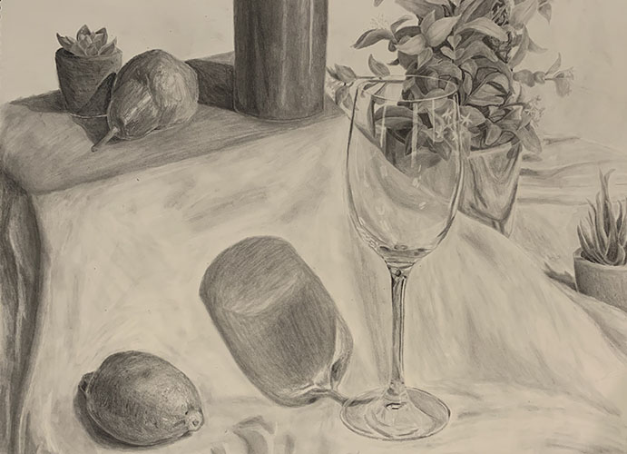 Black and white still life featuring a champagne glass, fruit and various potted plants.