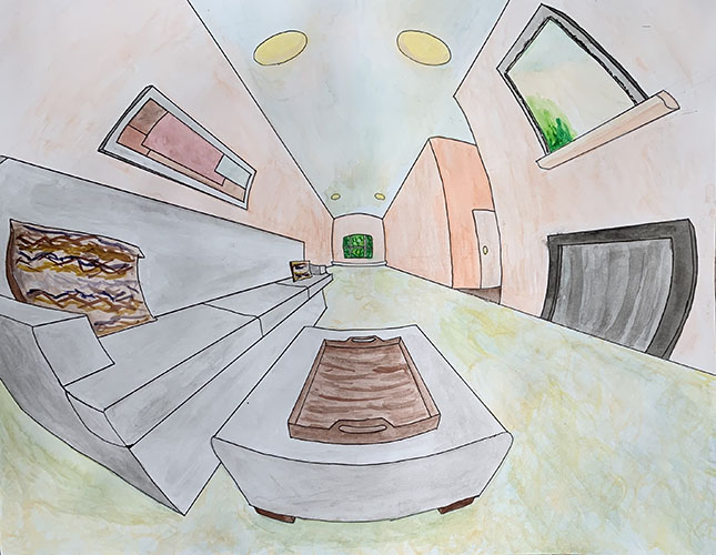 Colorful perspective drawing of an interior space, including a table, couch and fireplace.