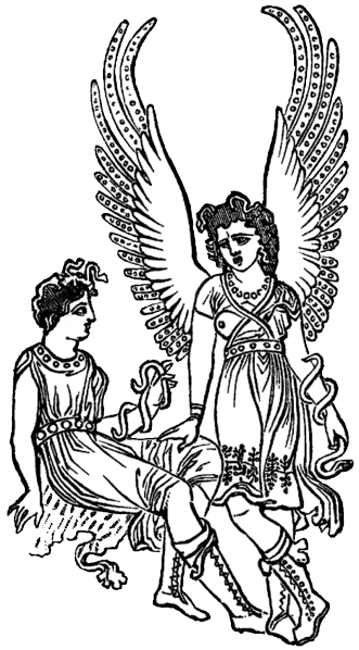 An illustration of an angel standing next to a person, both have a snake wrapped around their arm.