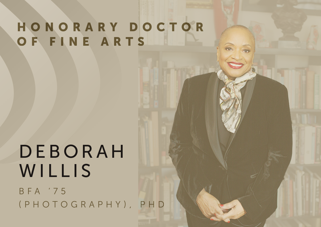 honorary doctor of fine arts candidate deborah willis depicted on a golden-gray gradient. Willis is wearing black velvet suit jacket and a white silk scarf around her neck. she is looking at the viewer with a big smile, her lips lined with crimson color. 