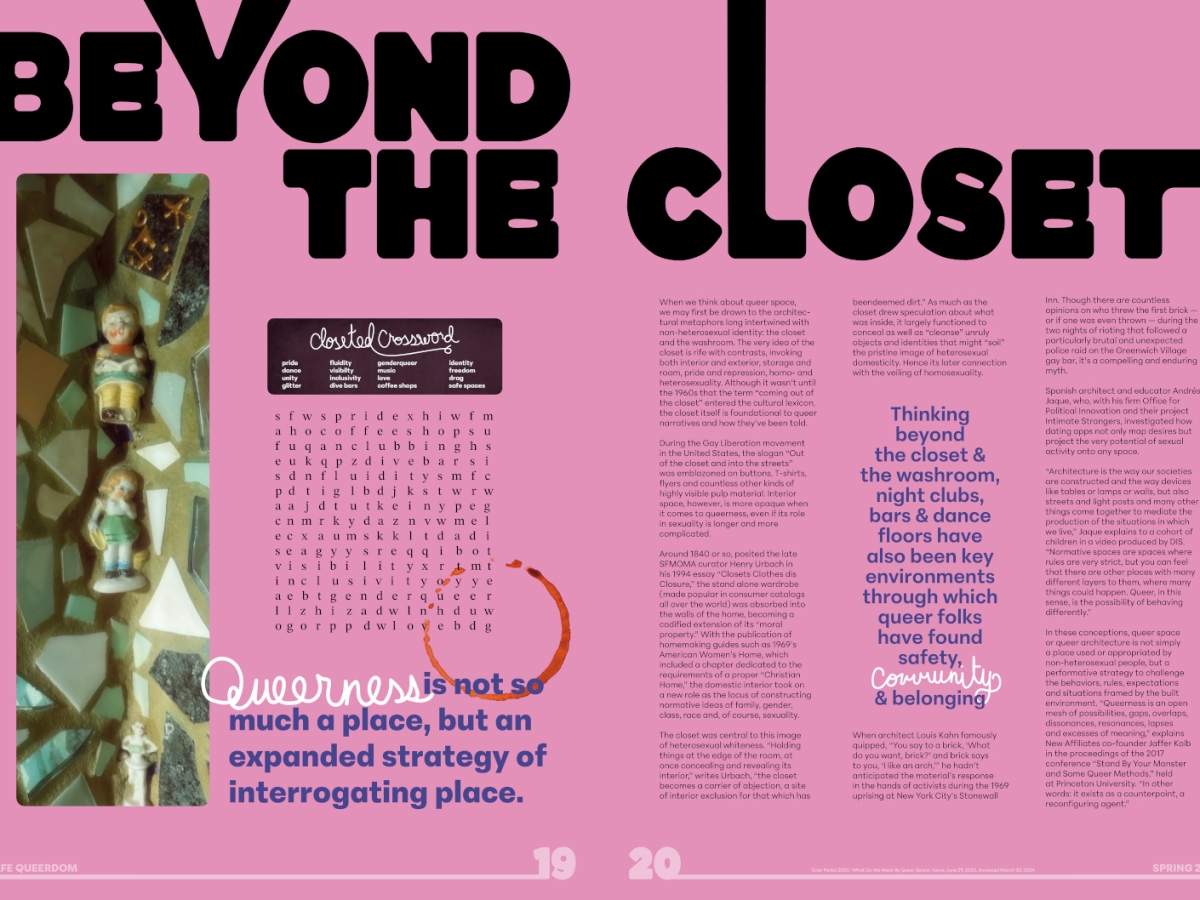 a design piece of a magazine spread in deep floral pink with test about queerness. a large black title reads Beyond The Close across the top, with a crossword and quotes interspersed between very fine black text. 