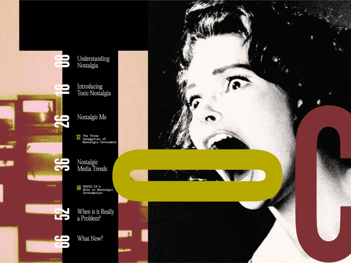 a magazine spread depicting a black and white photograph of a screaming person in the vein of vintage hollywood films. a sideways O in chartreuse and a C in mauve rest of the person's face, with a table of contents on the left. 