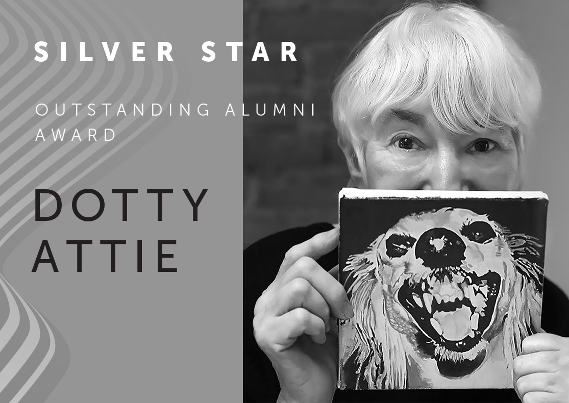 Silver Star award recipient Dotty Attie pictured in black and white on the right holding a small square painting of a grinning or snarling dog over the lower half of her face. her focused eyes and soft white hair are seen above. identifying information is at the left.  