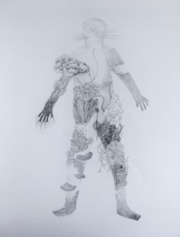 A black and white line drawing of a human body with flora growing out of the limbs