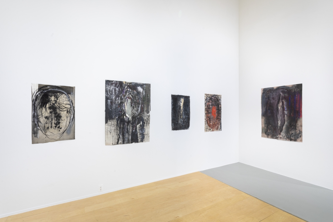 Installation view of a series of drawings across two walls