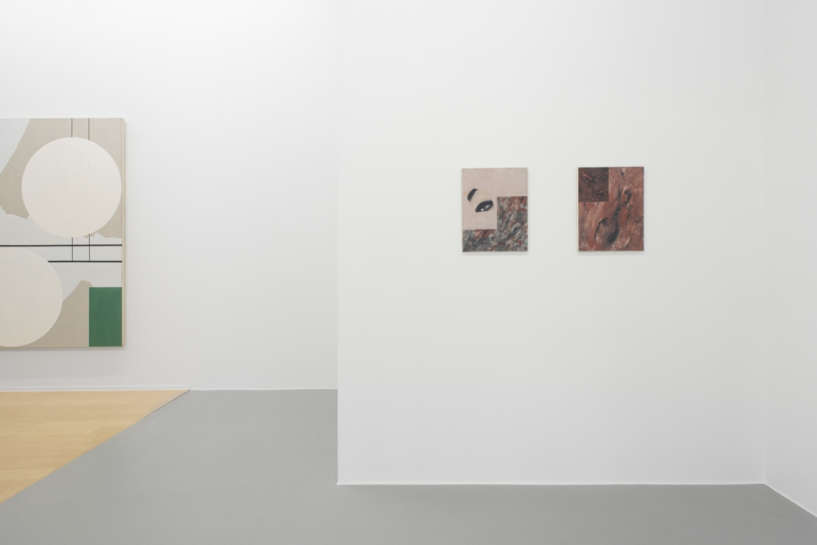 Installation view of two small paintings on wall to right and a larger painting in background
