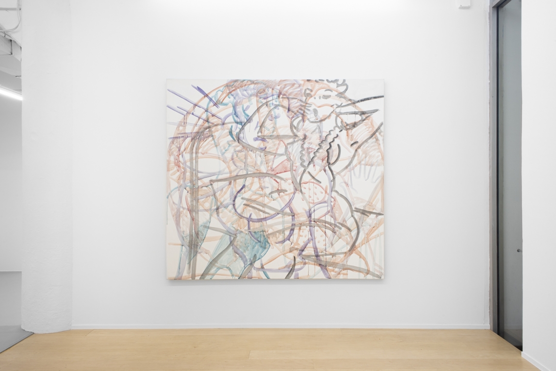Installation view of one large painting with lines and images