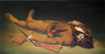 An oil portrait of a pioneer era hunter on the ground with his eyes closed with a rifle in his hand in a palette of green and brown