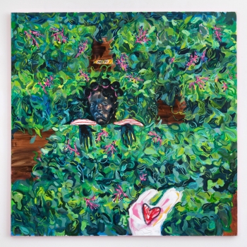 A painting of a field of green with a woman's head and hands emerging from the center and a white plastic bag emblazoned with a heart toward the bottom of the work 
