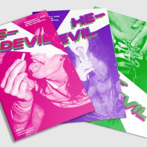 Zine cover in neon pink, purple, and green with photographs of faces 