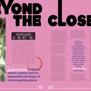a design piece of a magazine spread in deep floral pink with test about queerness. a large black title reads Beyond The Close across the top, with a crossword and quotes interspersed between very fine black text. 