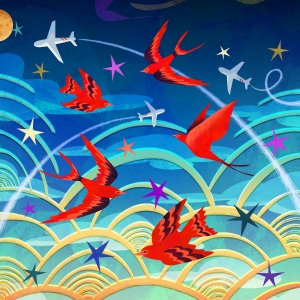 a test-less poster depicting an illustrated scene of sky, with crimson birds flying across a sea of concentric semi-circular yellowish clouds and a gradient from pale to deep blue at the top. airplanes wind patterns in the background and stars and planets hang in  the dark above