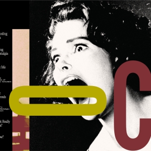 a magazine spread depicting a black and white photograph of a screaming person in the vein of vintage hollywood films. a sideways O in chartreuse and a C in mauve rest of the person's face, with a table of contents on the left. 